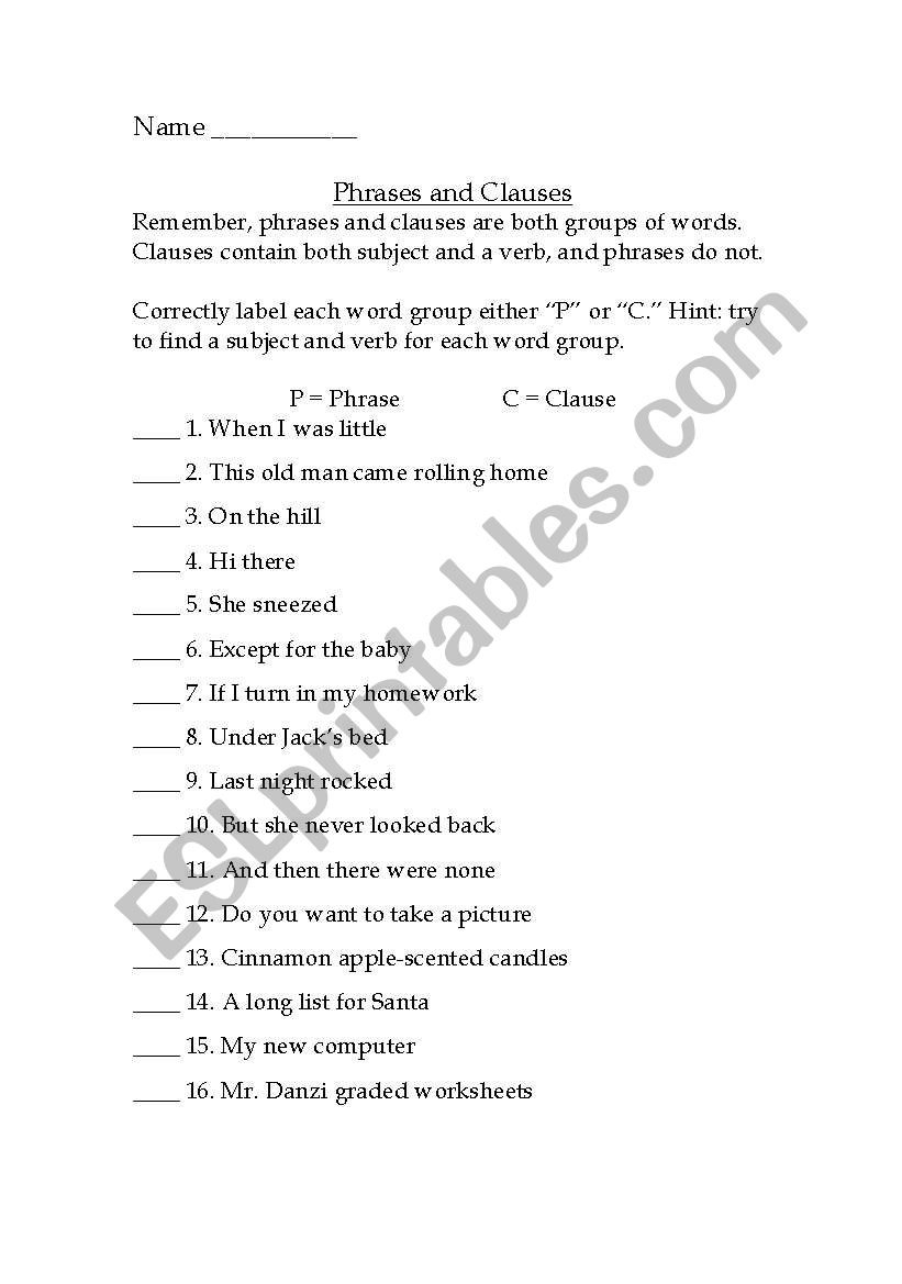 Clauses And Phrases Practice Worksheets