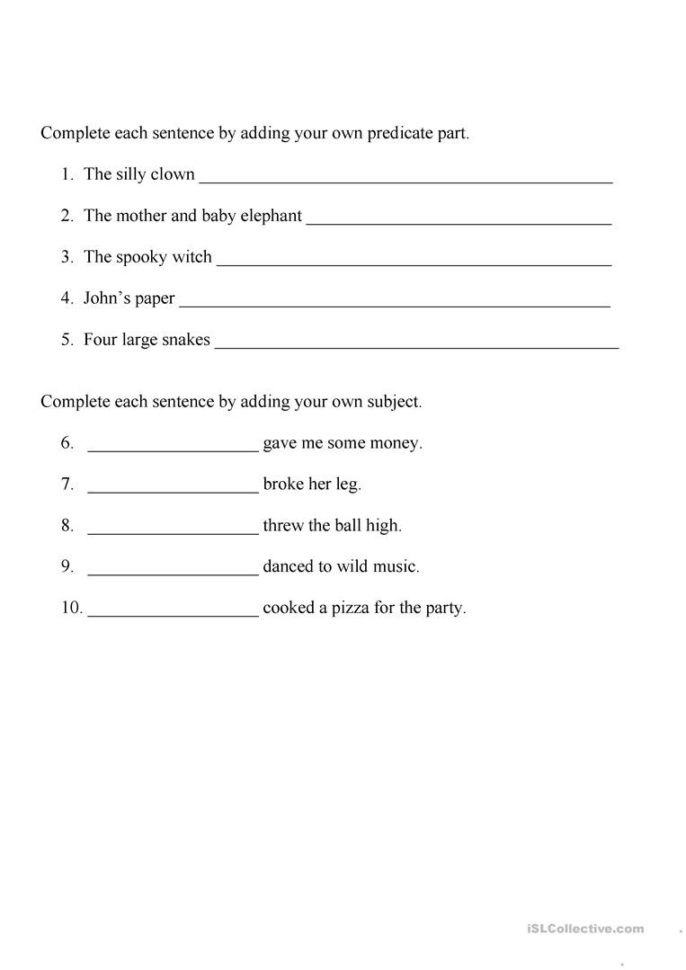 Identifying Subject And Predicate Worksheet  English Esl