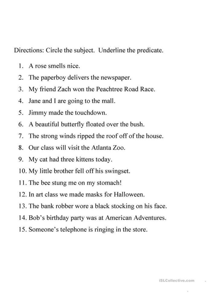 Identifying Subject And Predicate Worksheet  English Esl