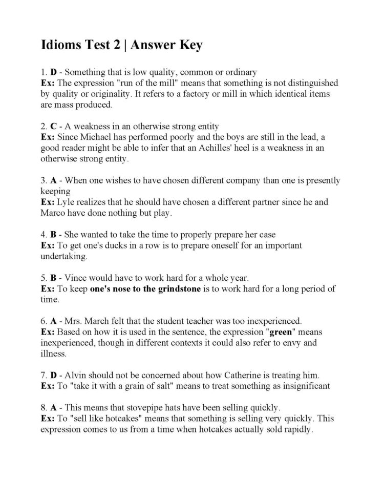 Idioms Test 2  Answers