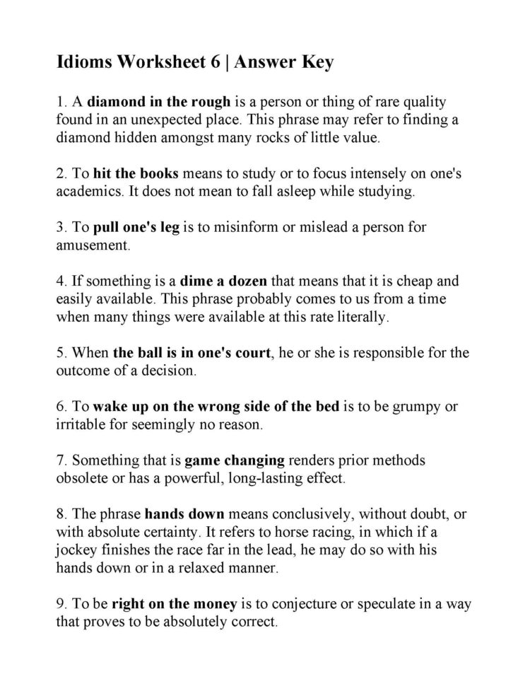 Idioms Worksheet 6  Answers