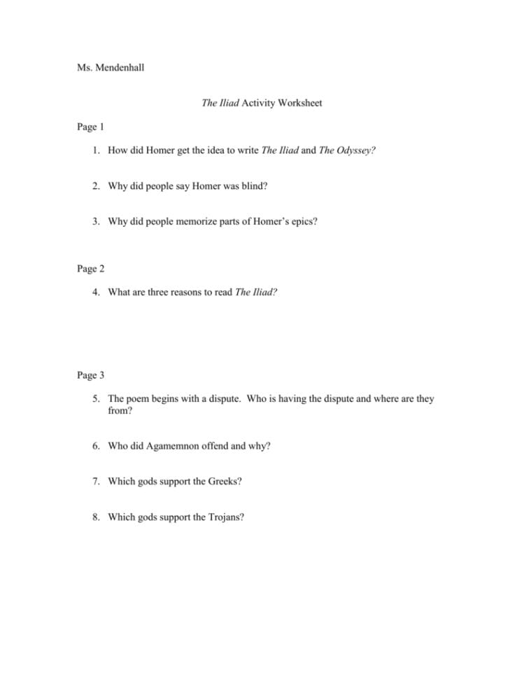 Iliad Activity Worksheet