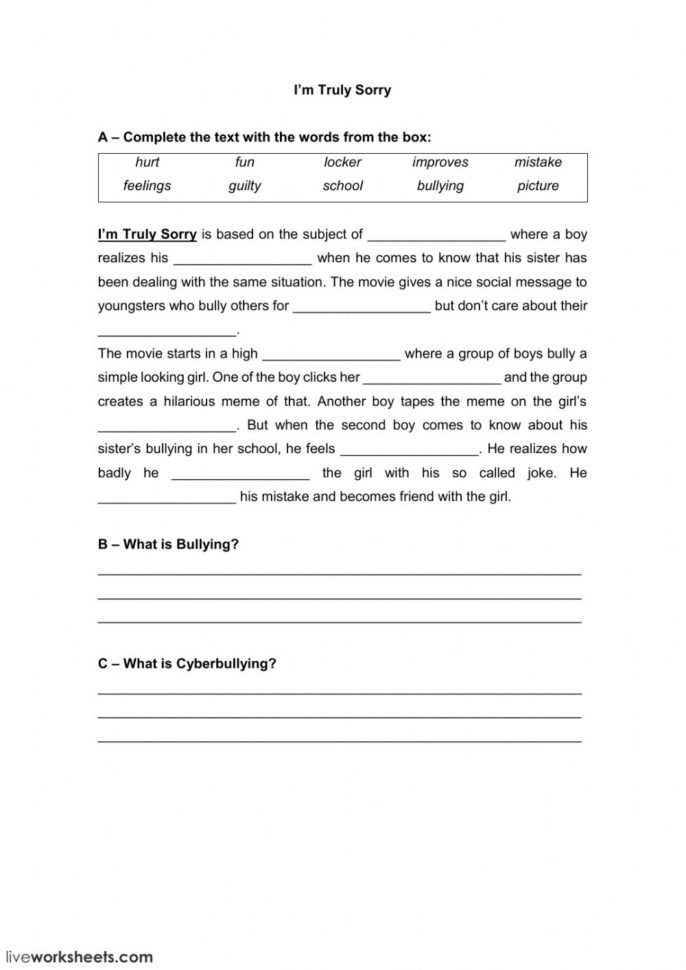 I'm Truuly Sorry  A Bullying Story  Interactive Worksheet