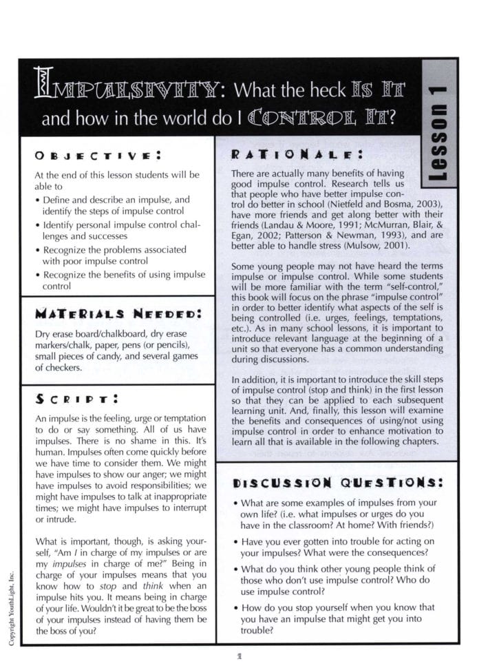 Impulse And Control Activity Sheets For Middle School Students
