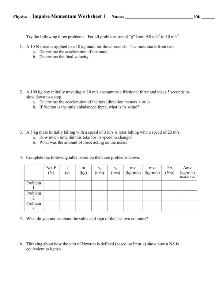 Momentum Problems Worksheet Answers
