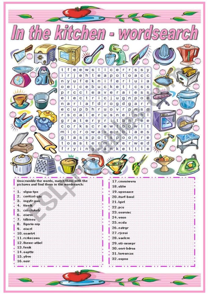 In The Kitchen  Utensils And Appliances Wordsearch Bw