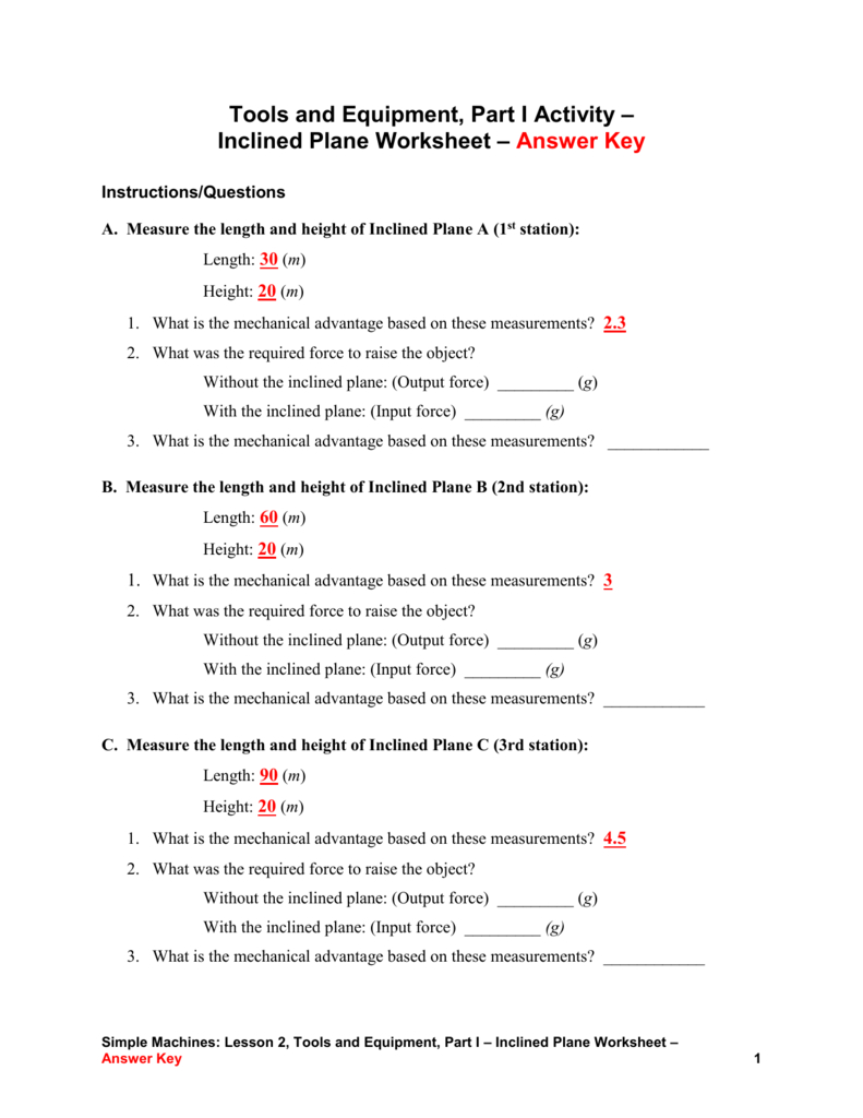 Inclined Plane Worksheet  Answer Key