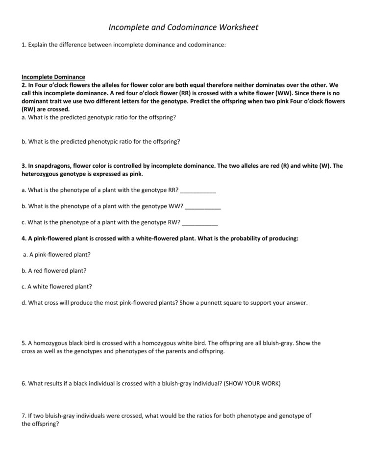 Incomplete And Codominance Worksheet 1 Explain The Difference