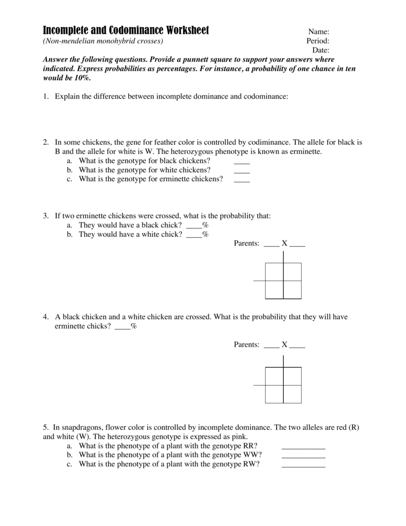 Incomplete And Codominance Worksheet