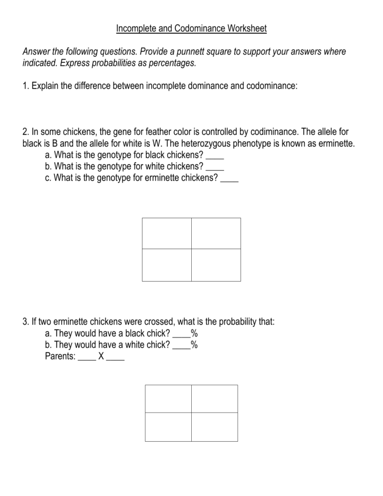 Incomplete And Codominance Worksheet