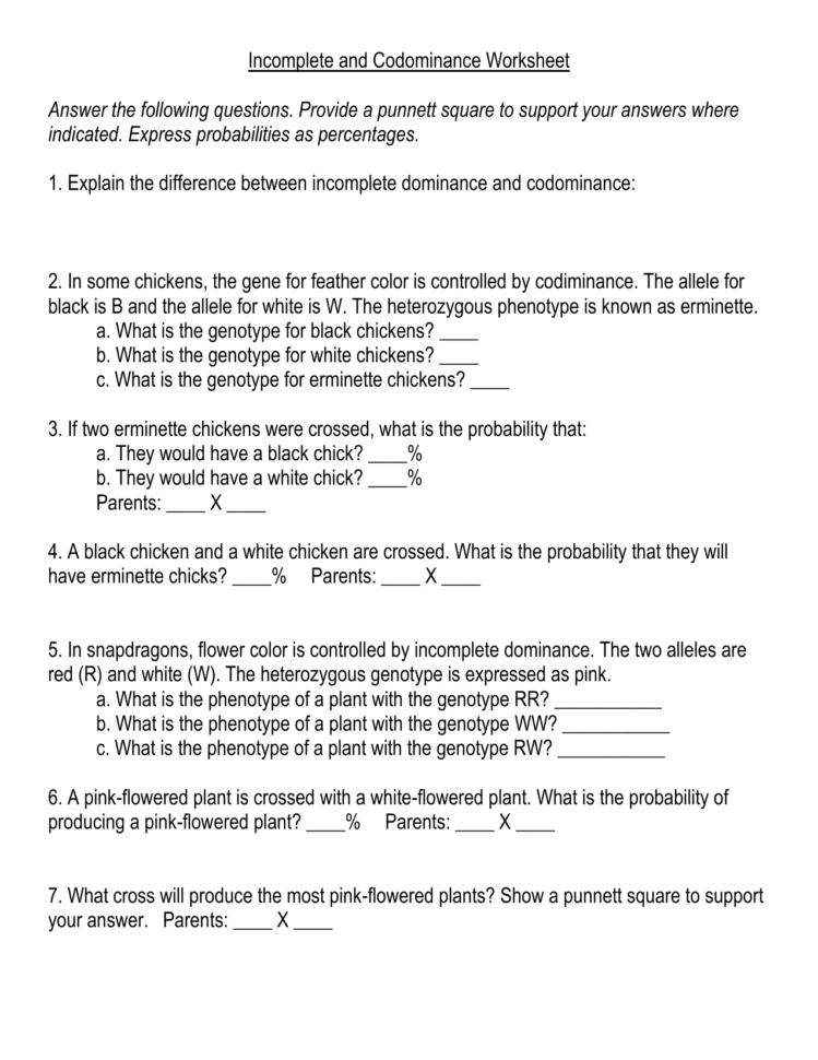 Incomplete Dominance And Codominance Practice Problems Worksheet Answer
