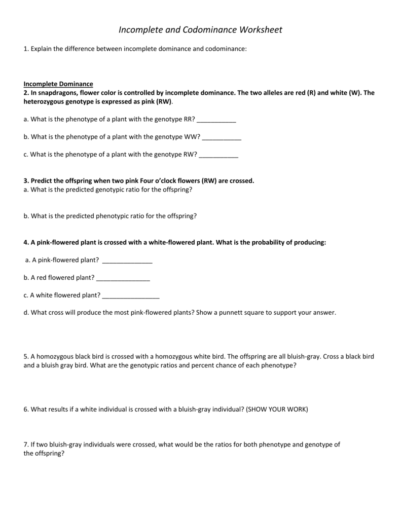 Incomplete And Codominance Worksheets Answer Key