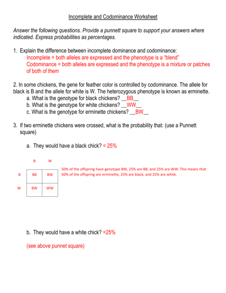 Codominance Incomplete Dominance Worksheet Answers