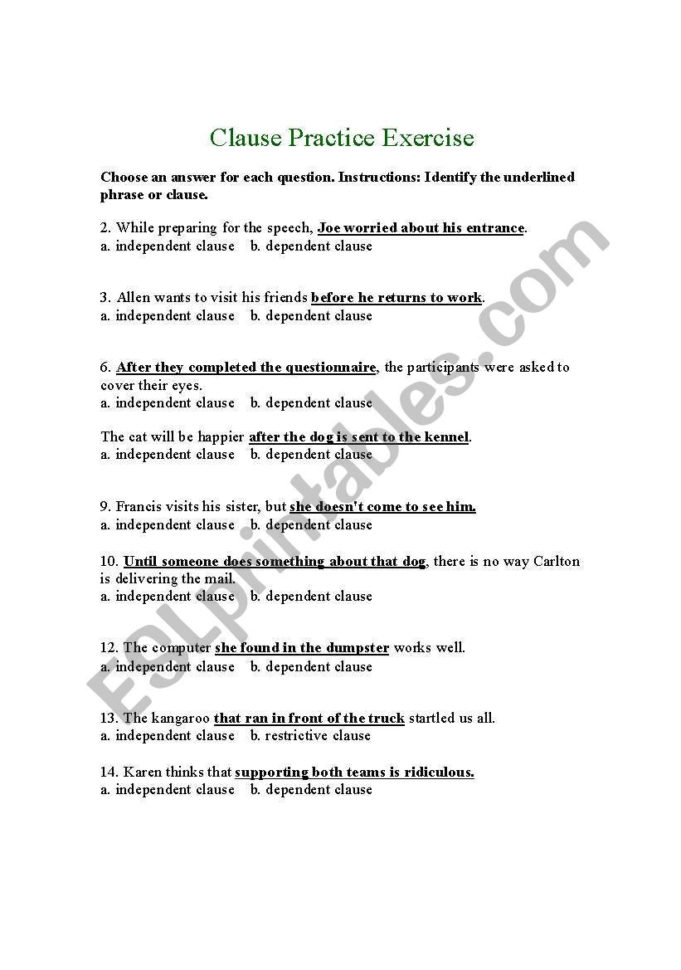 Independent And Dependent Clause  Esl Worksheetbridish