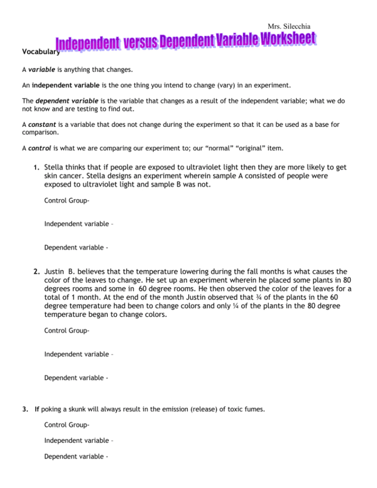 Independent Versus Dependent Variable Worksheet
