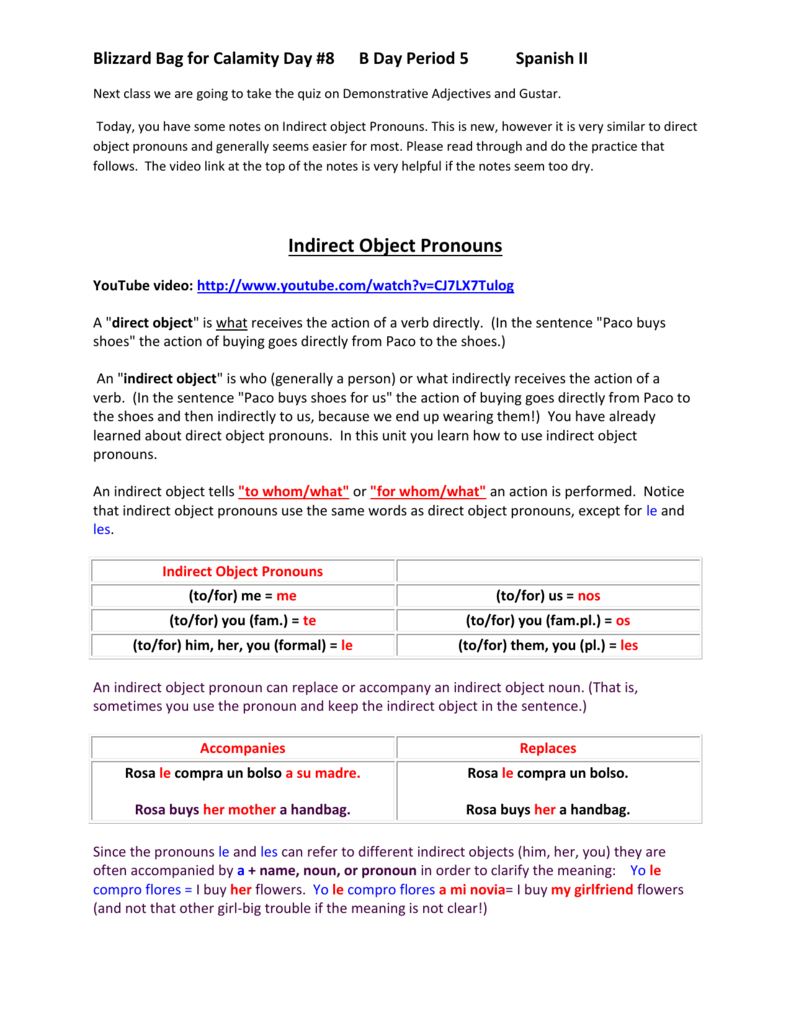 Indirect Object Pronouns Spanish Worksheet Db excel