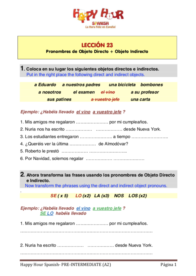 Spanish Direct Object Pronouns And Indirect Object Pronouns Worksheet