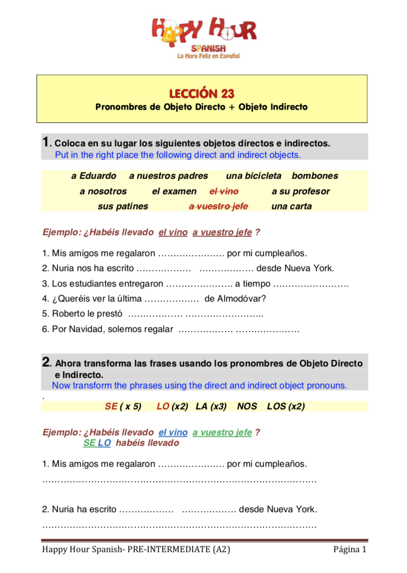 Direct Object Pronouns Spanish Worksheet Db excel