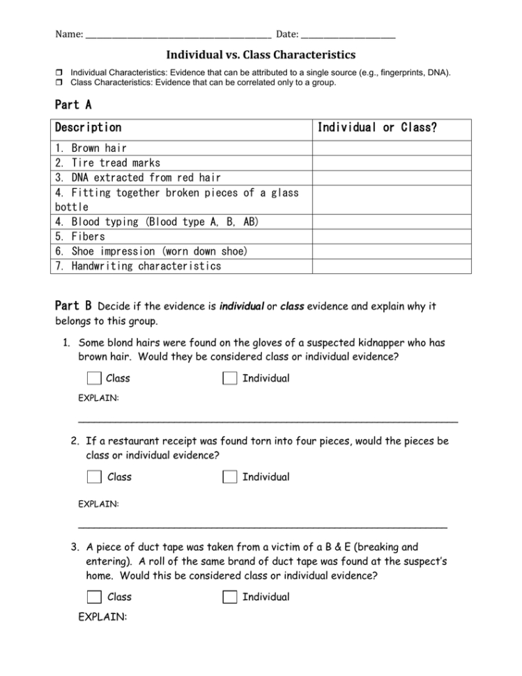 Individual Vs Class Worksheet
