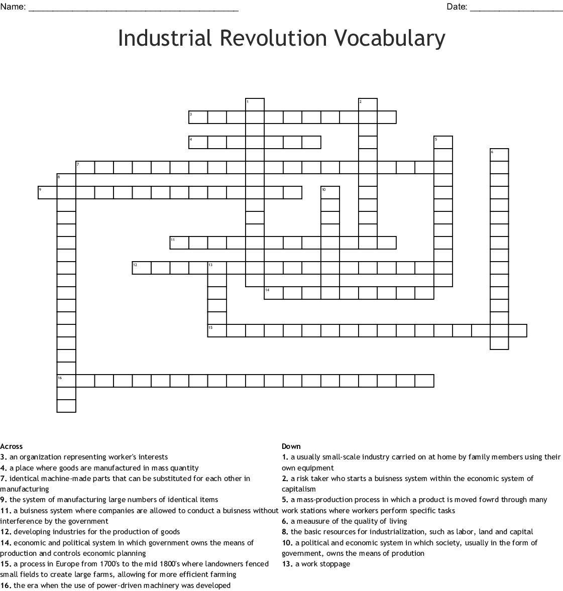 Industrial Revolution Vocabulary Crossword  Word