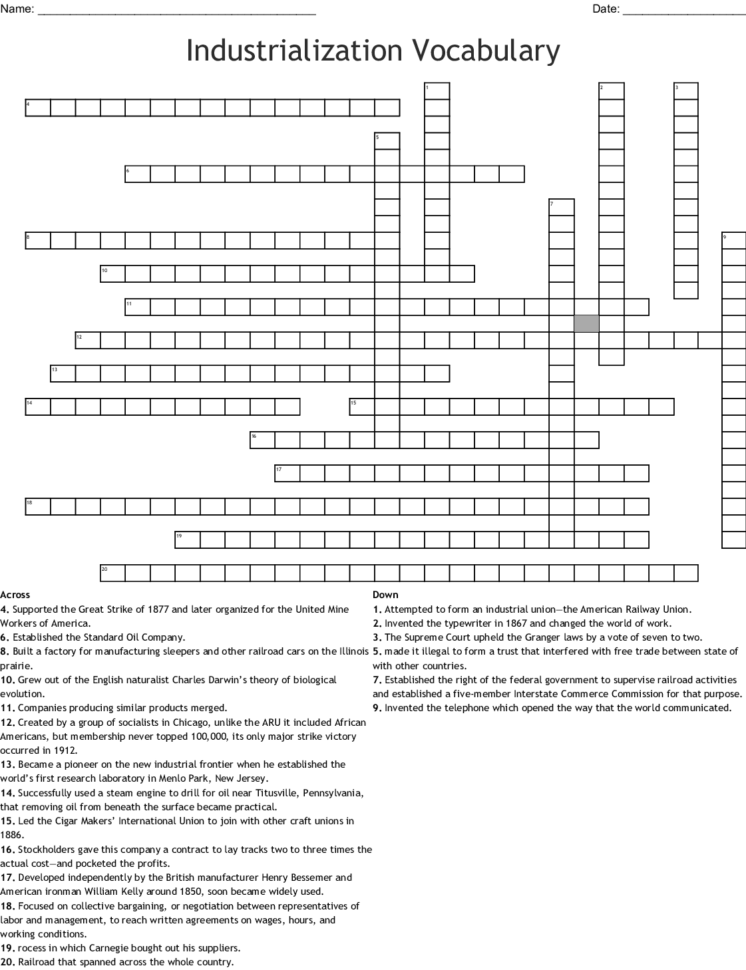Industrialization Vocabulary Crossword  Word