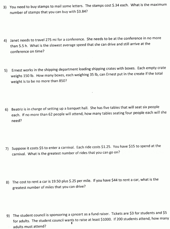 Inequalities Word Problems Worksheet Systems Of Equations
