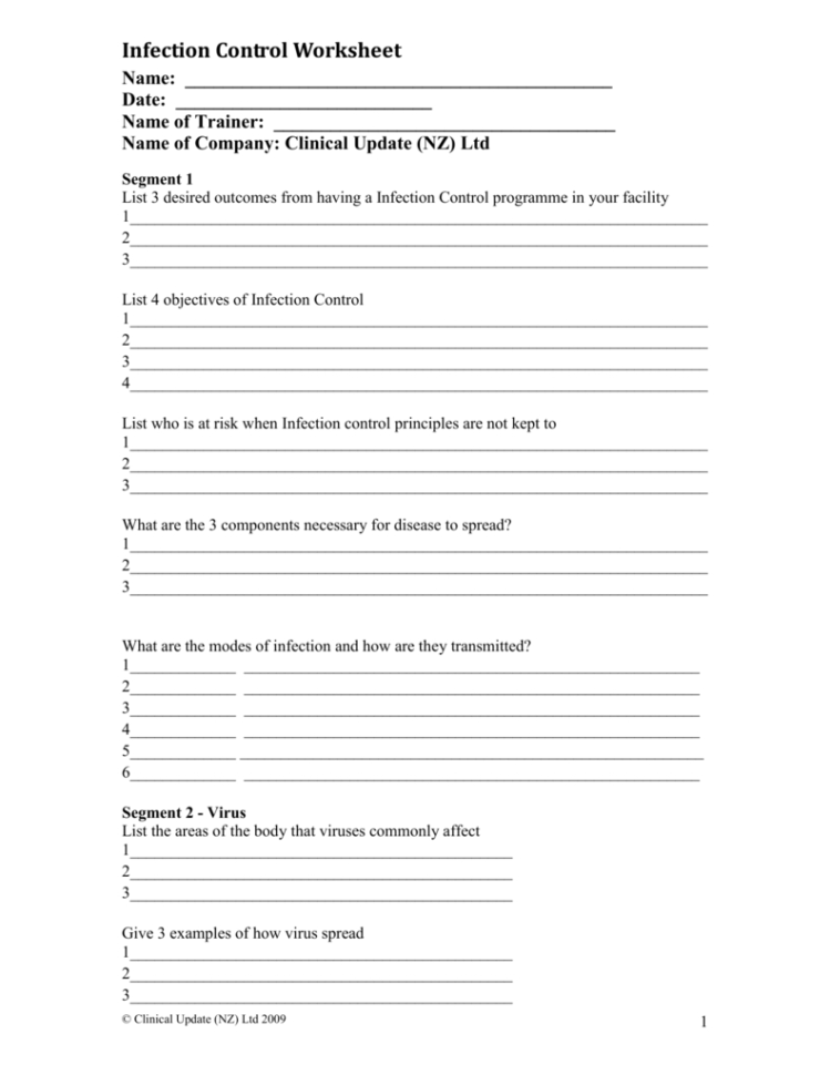 Infection Control Worksheet