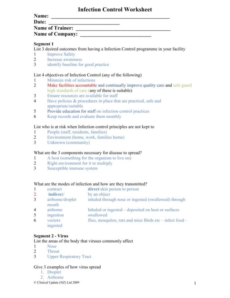 Infection Control Worksheet