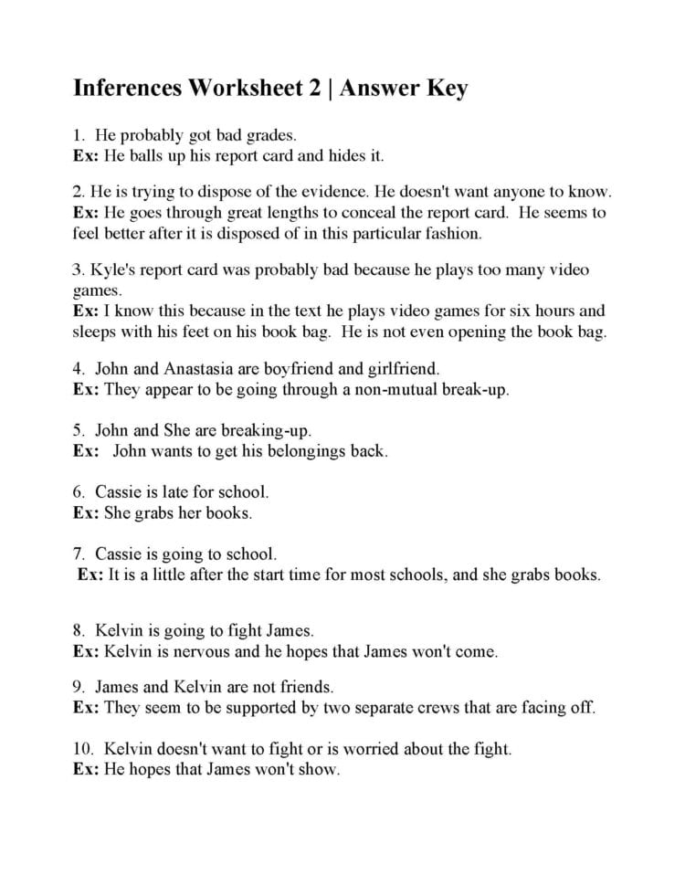Inferences Worksheet 2  Answers