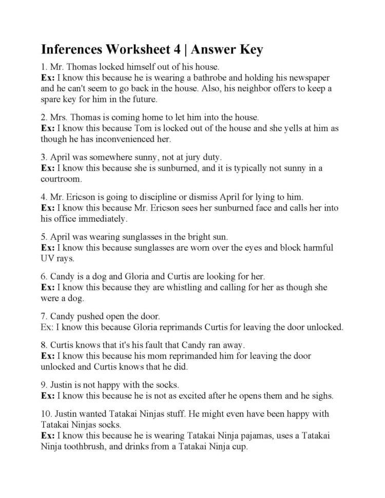 Inferences Worksheet 4  Answers
