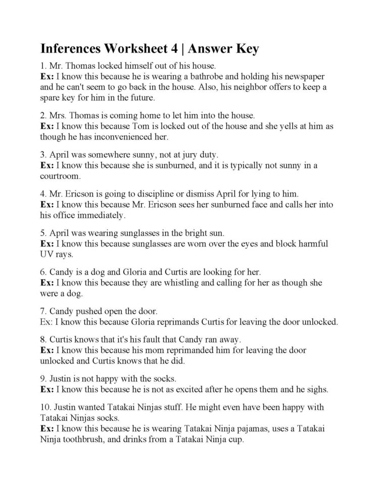 Inferences Worksheet 4  Answers