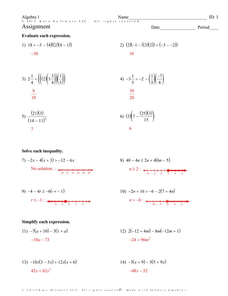 Infinite Algebra 1  Assignment