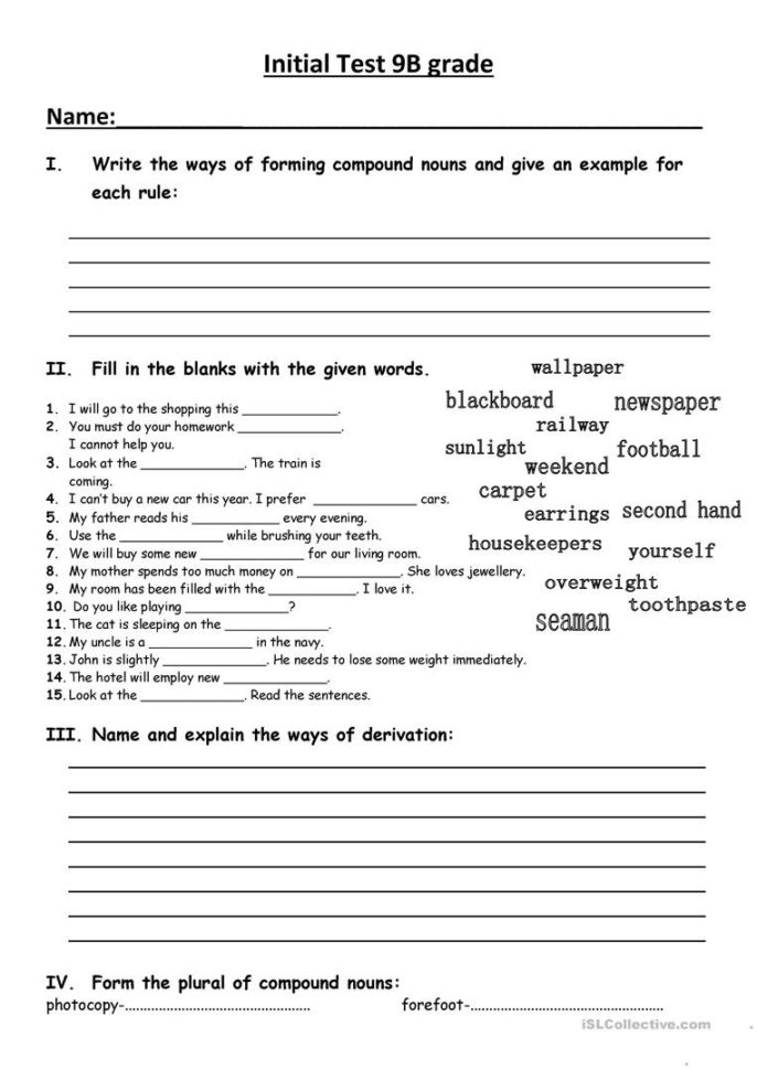Initial Test For 9Th Grade  English Esl Worksheets