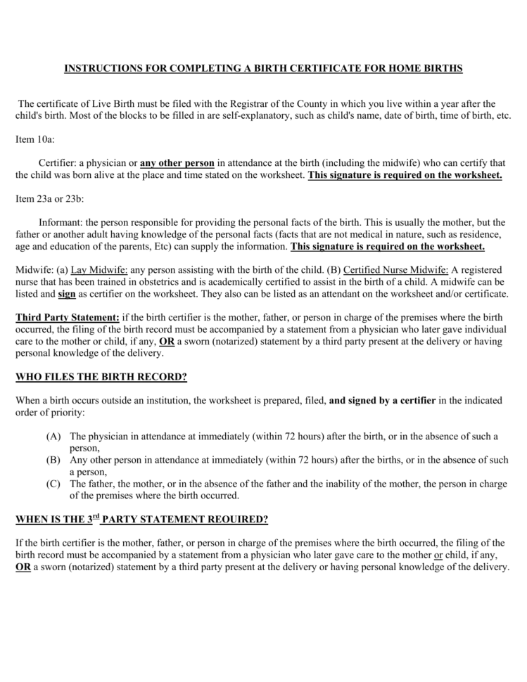 Instructions For Completing A Birth Certificate For Home