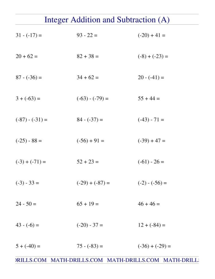 Integer Addition And Subtraction Range 99 To 99 A