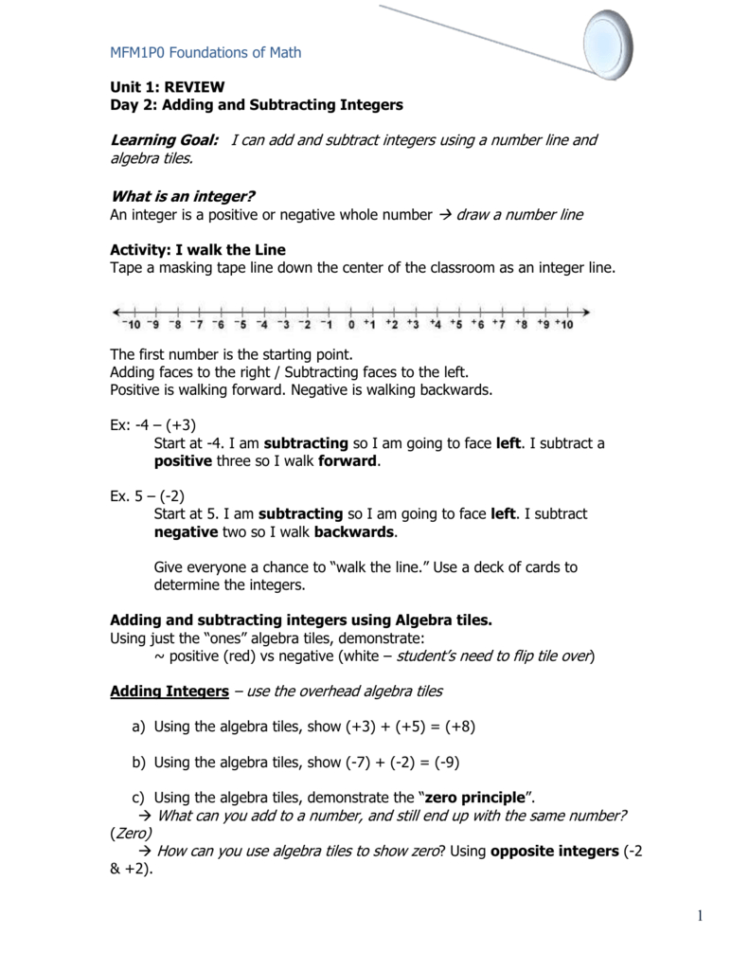 Integers Worksheet And Note