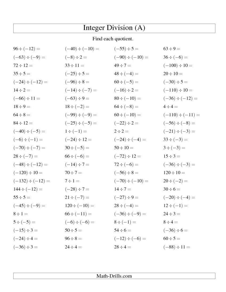 Integers Worksheets With Answers For Grade 6
