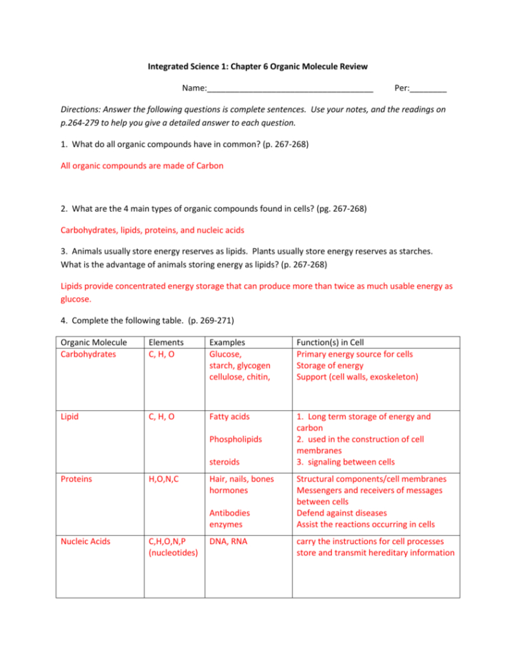 Integrated Science 1 Chapter 6 Organic Molecule Review Name