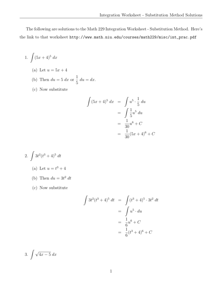 Integration By Substitution Worksheet Db excel