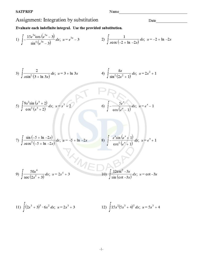 Integration By Substitution Worksheet Db excel