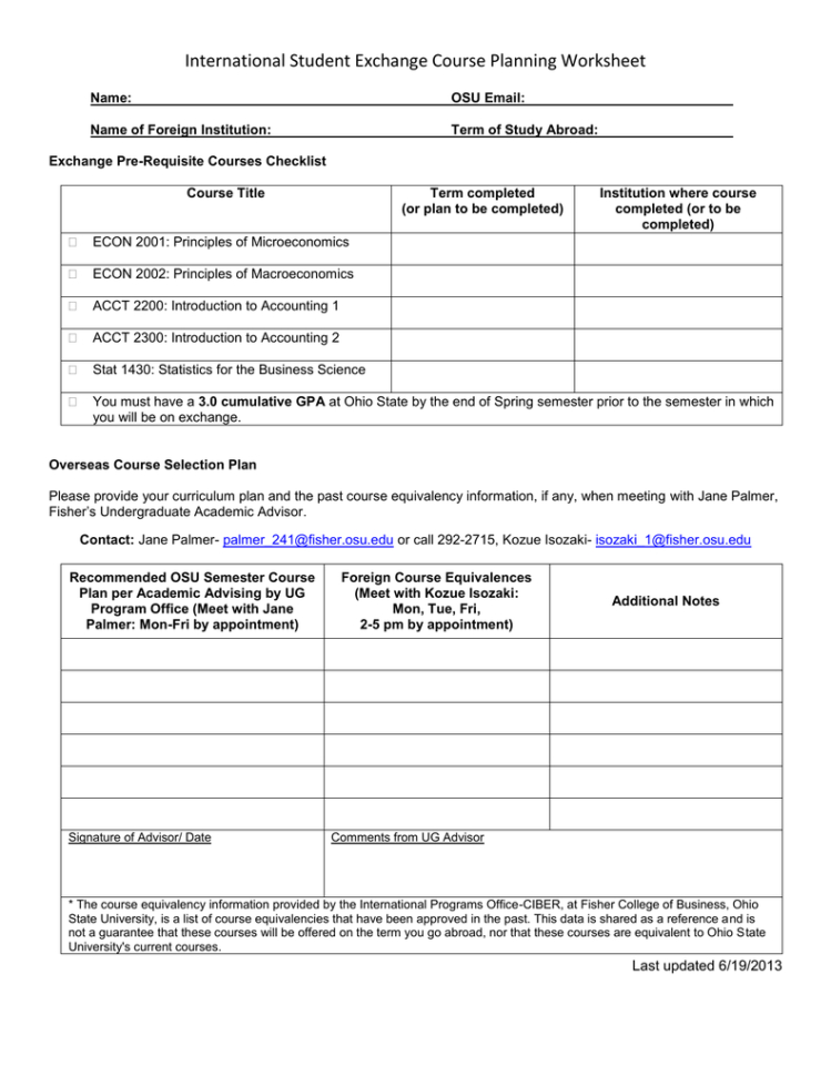 International Student Exchange Course Planning Worksheet