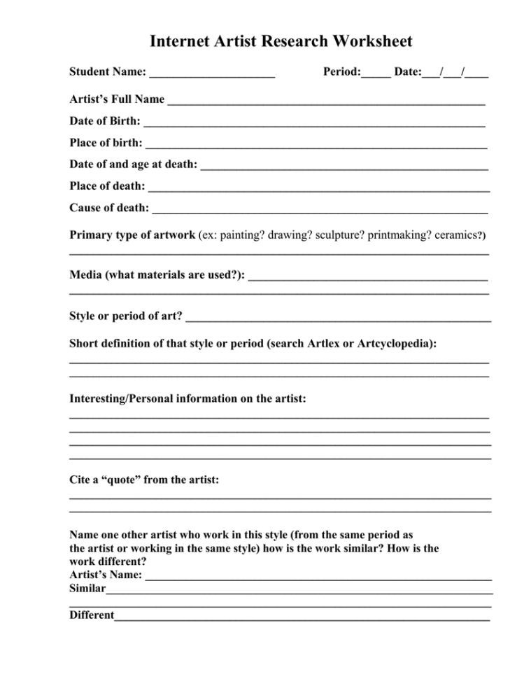Internet Artist Research Worksheet