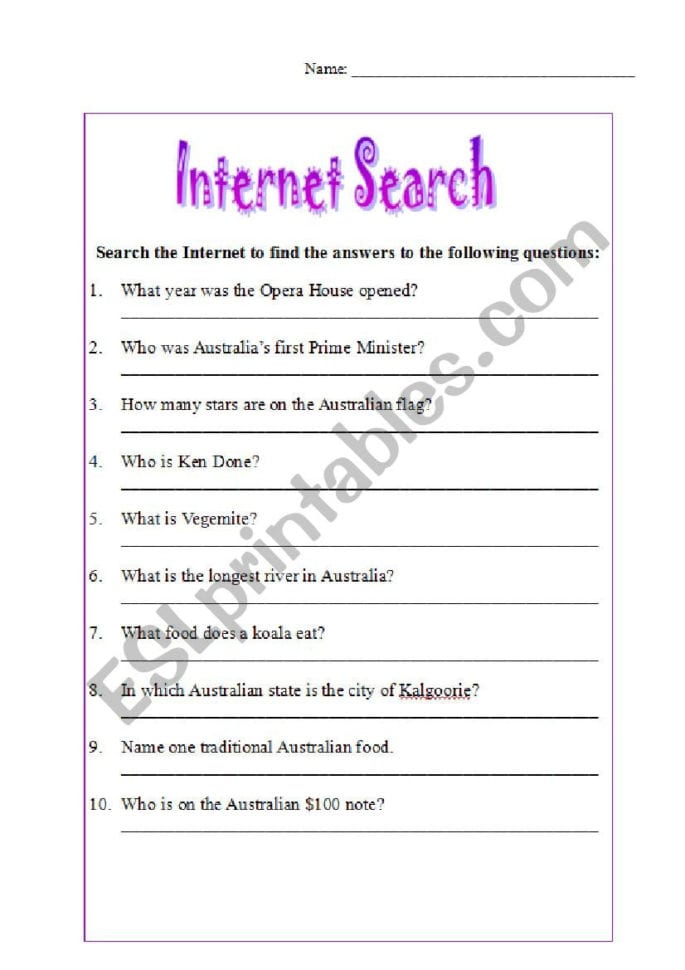 Internet Scavenger Hunt  Esl Worksheetbarb03