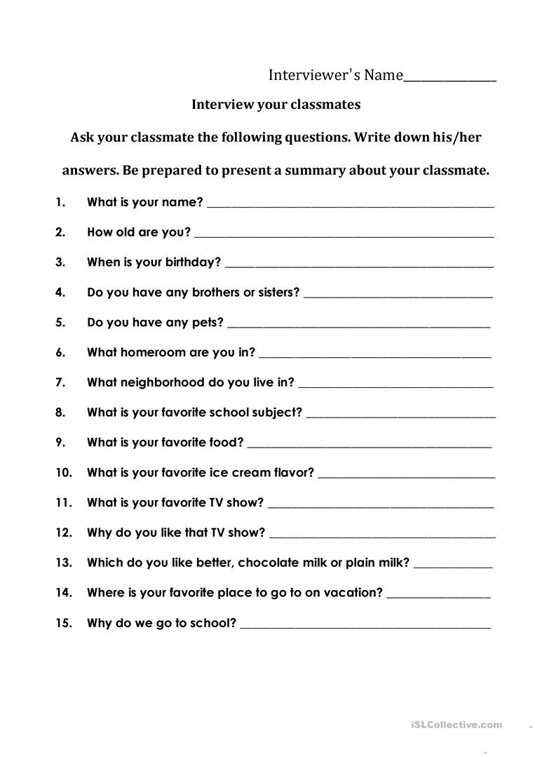 Interviewing Your Classmates  English Esl Worksheets