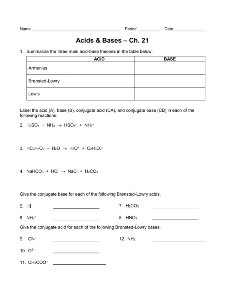Intro To Acids  Bases Worksheet