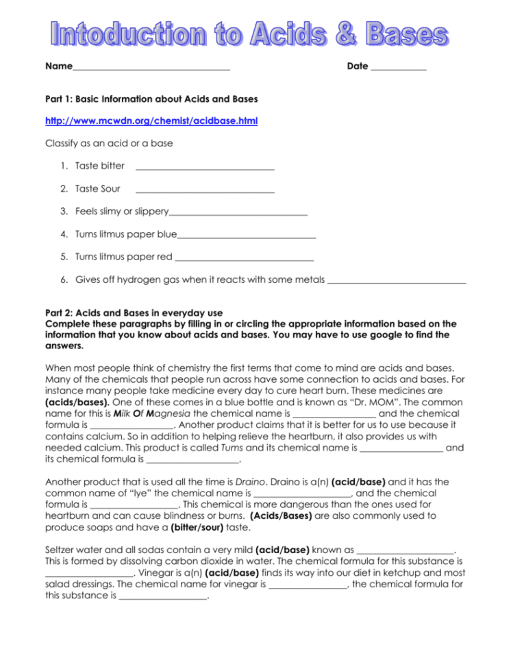 Intro To Acids  Bases Worksheet