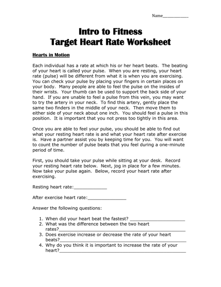 Intro To Fitness Target Heart Rate Worksheet Hearts In Motion