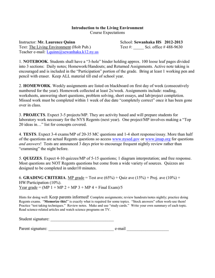 Intro To The Living Environment Course Expectations