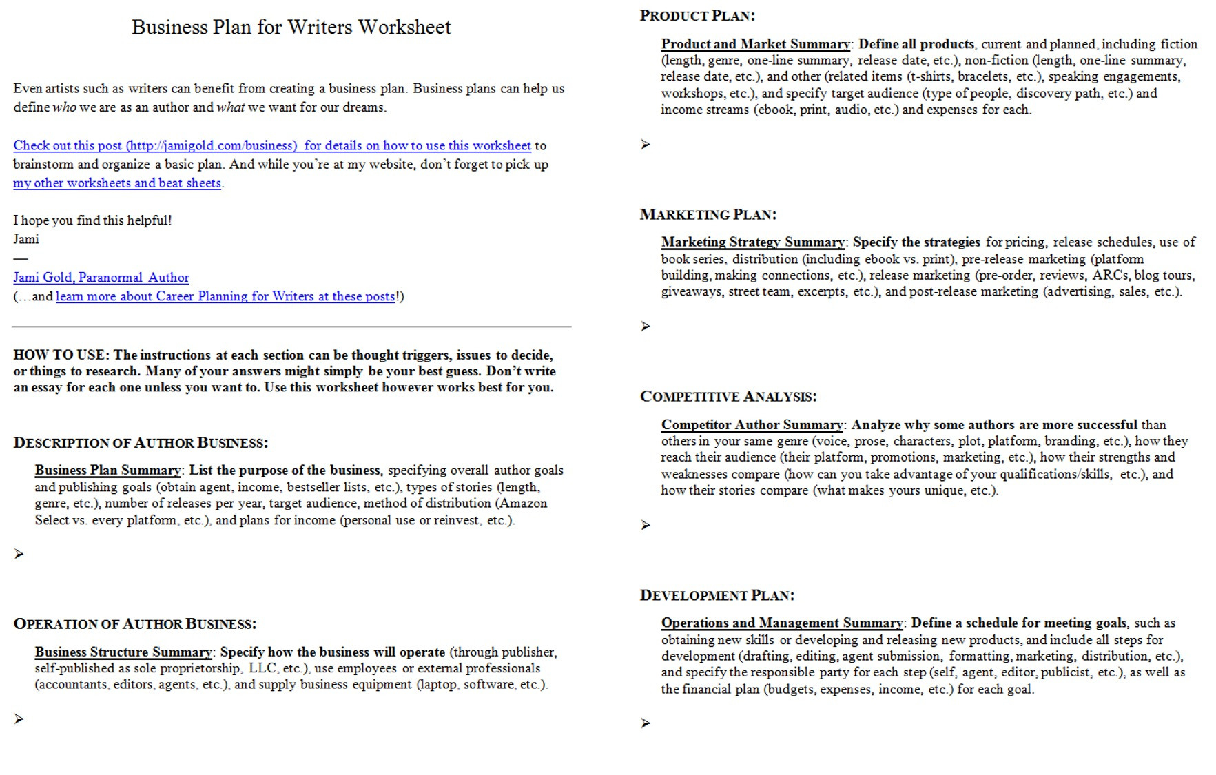 Introducing The Business Plan For Writers Worksheet  Jami
