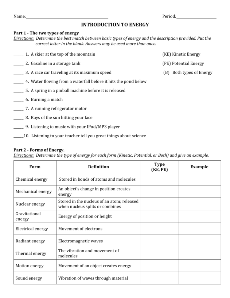 Introduction To Energy” Worksheet